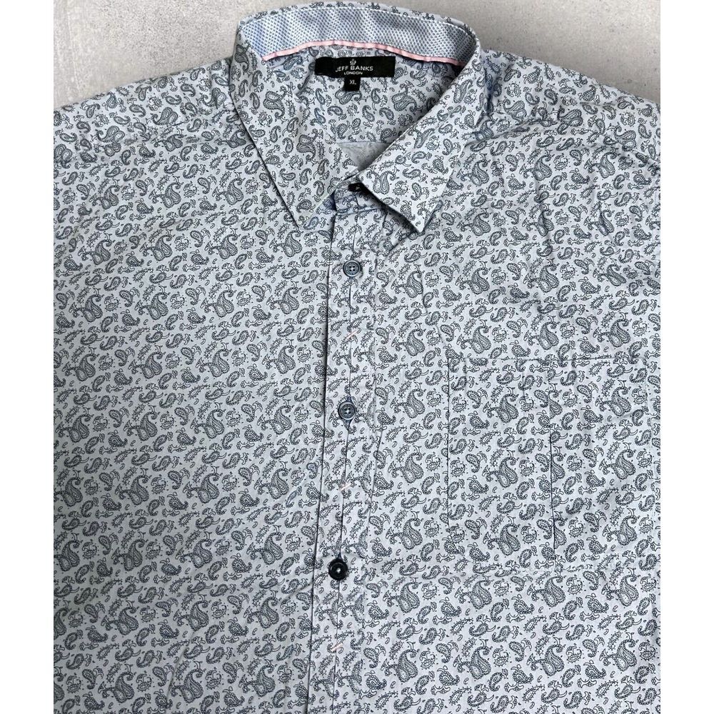 Jeff Banks Men's Paisley Short Sleeve Button‎ Up Shirt Blue Fits Size Large